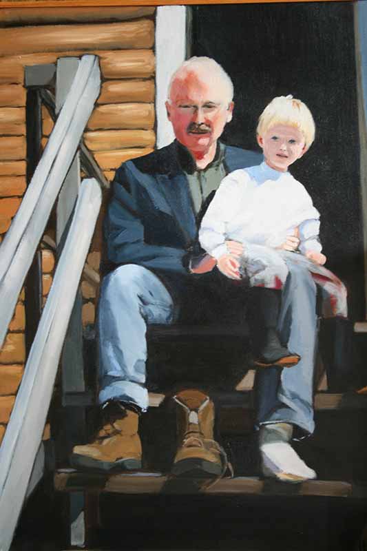 Painting by Sue Stukey - Grandpa and Bobby with boots