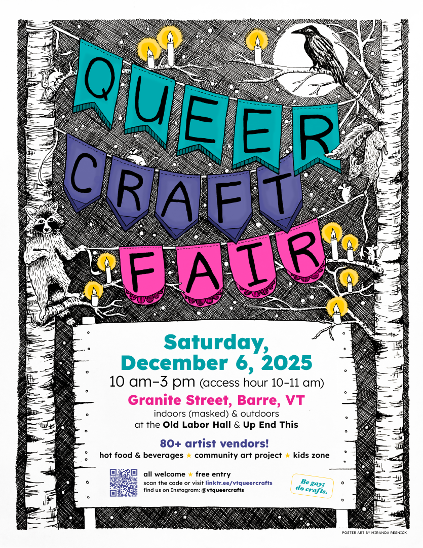 A poster depicting the queer craft fair event info with graphical depictions of a crow on candle lit birch trees