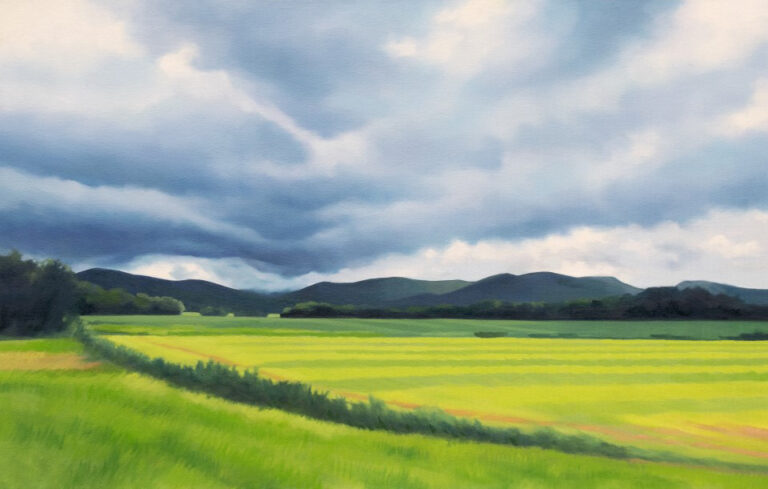An oil painting of green fields, with mountains in the distance and storm clouds gathering overhead.