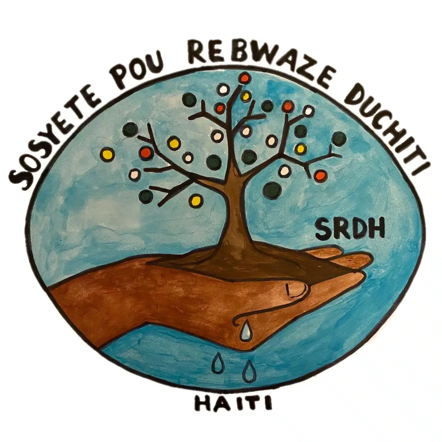 A painting of hands holding soil with a tree growing out of it
